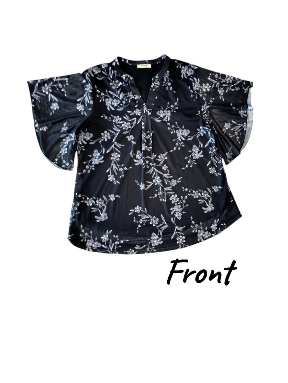 Women’s Black Sheer Floral Blouse – Short Flutter Sleeve V-Neck Lightweight Top